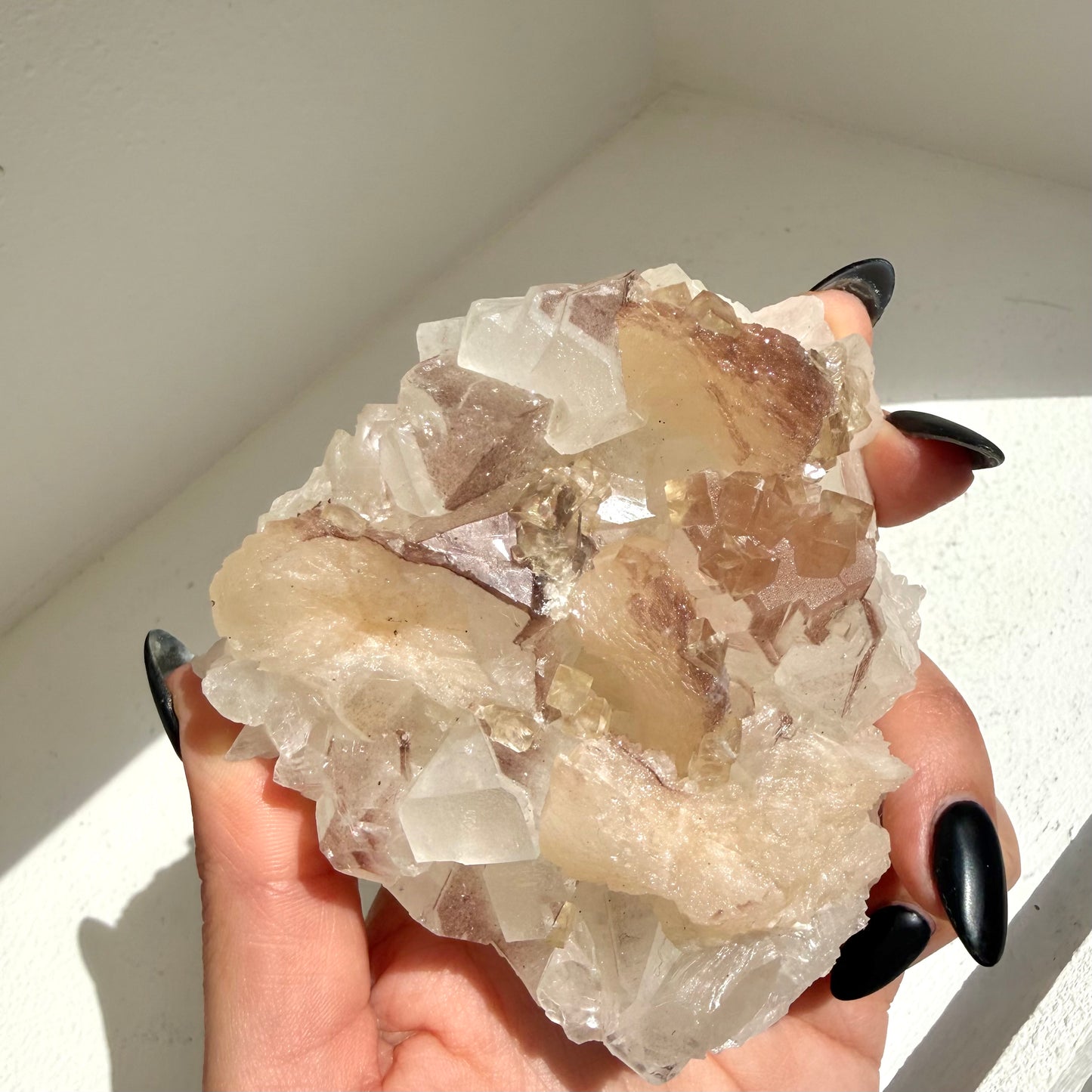 Calcite + Druzy Stilbite On Apophyllite Cluster