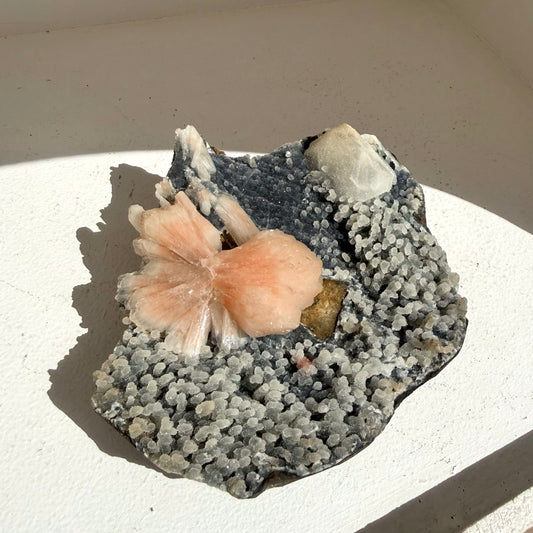 Stilbite + Calcite On Stalactite Chalcedony Cluster