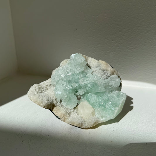 Green Apophyllite, Calcite, White Chalcedony Cluster
