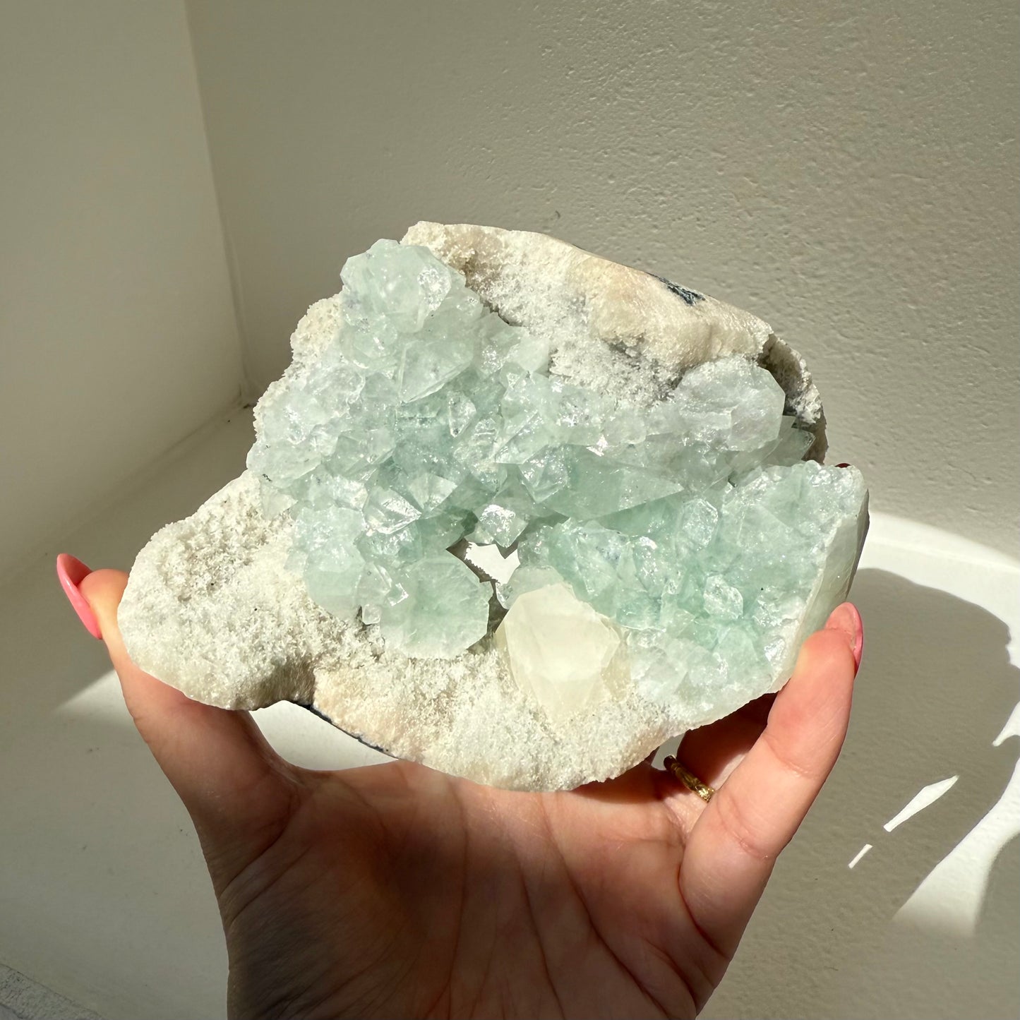 Green Apophyllite, Calcite, White Chalcedony Cluster
