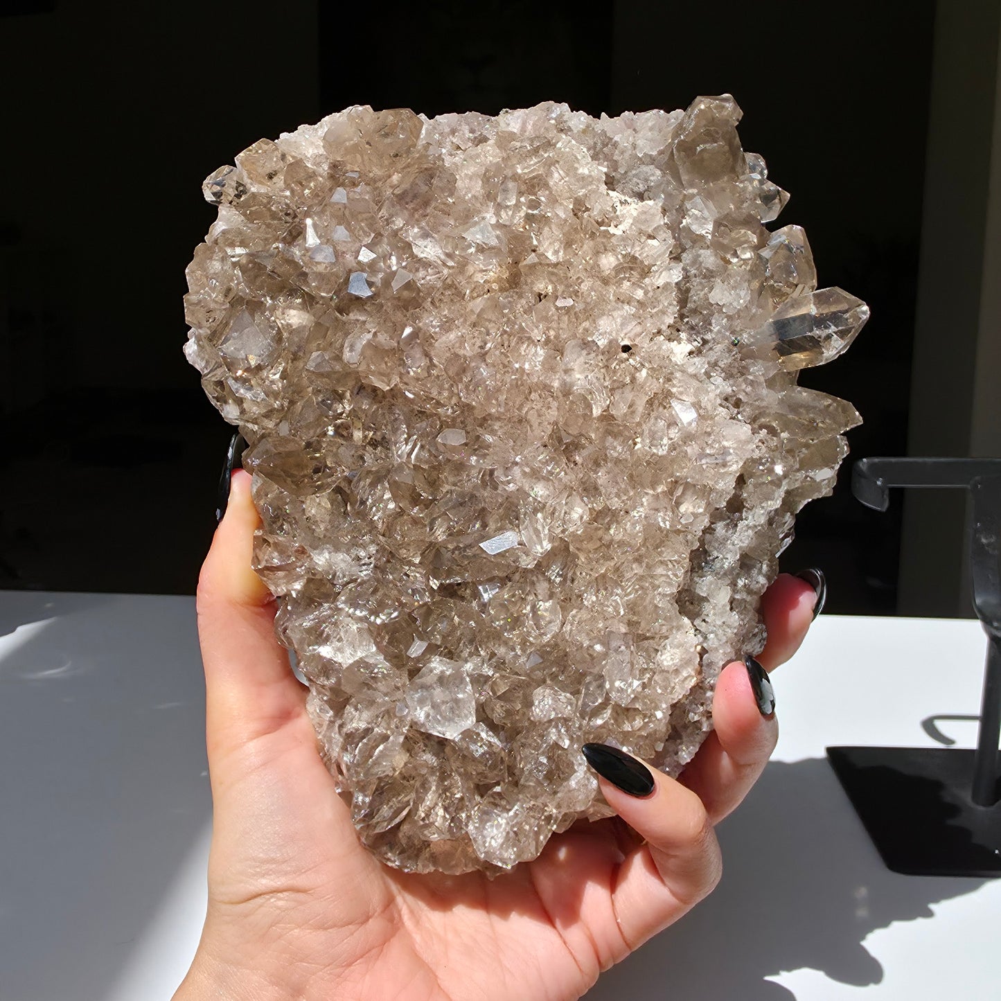 Smoky Rutile Quartz Cluster On Stand