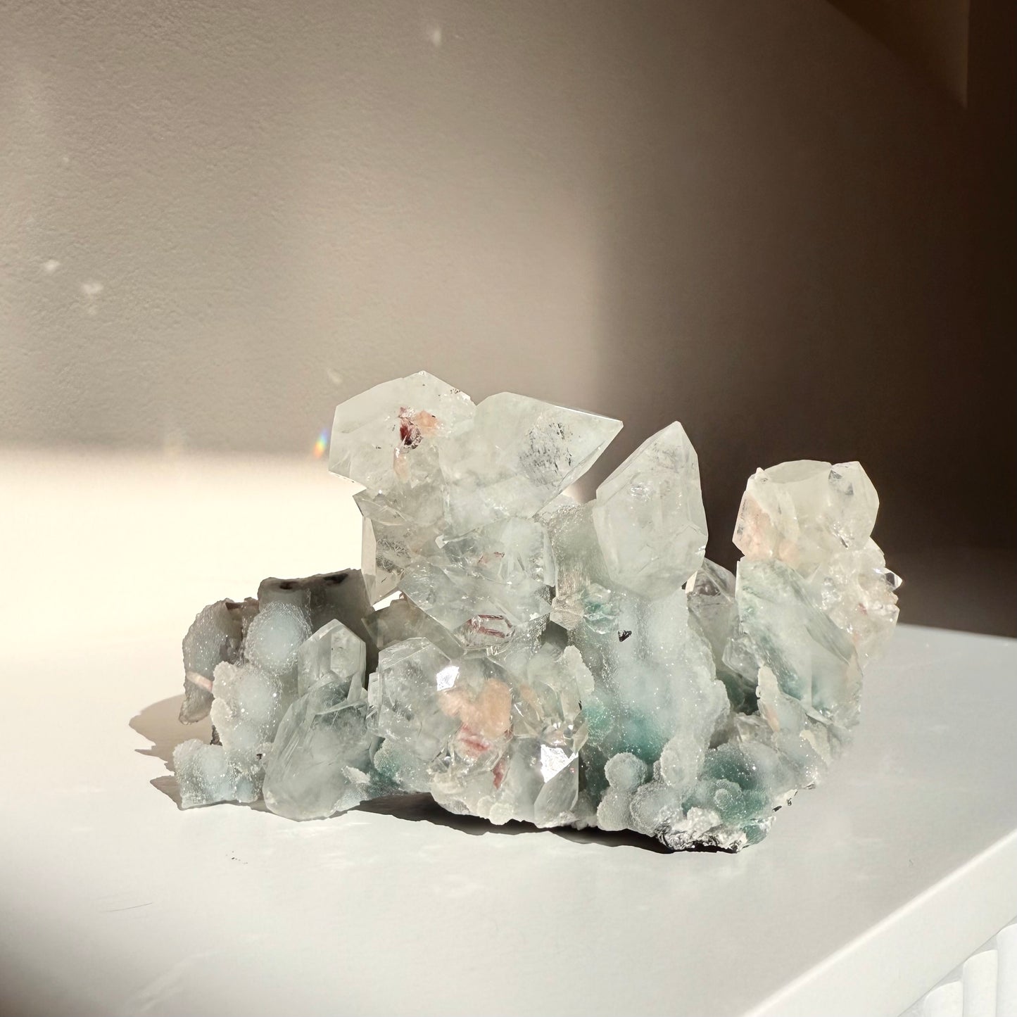 Diamond Apophyllite + Heulandite On White Chalcedony Cluster