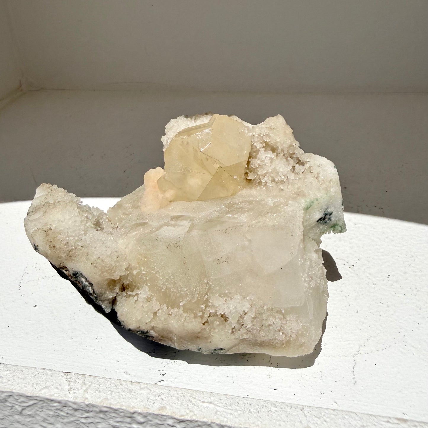 Calcite + Stilbite On White Chalcedony Cluster