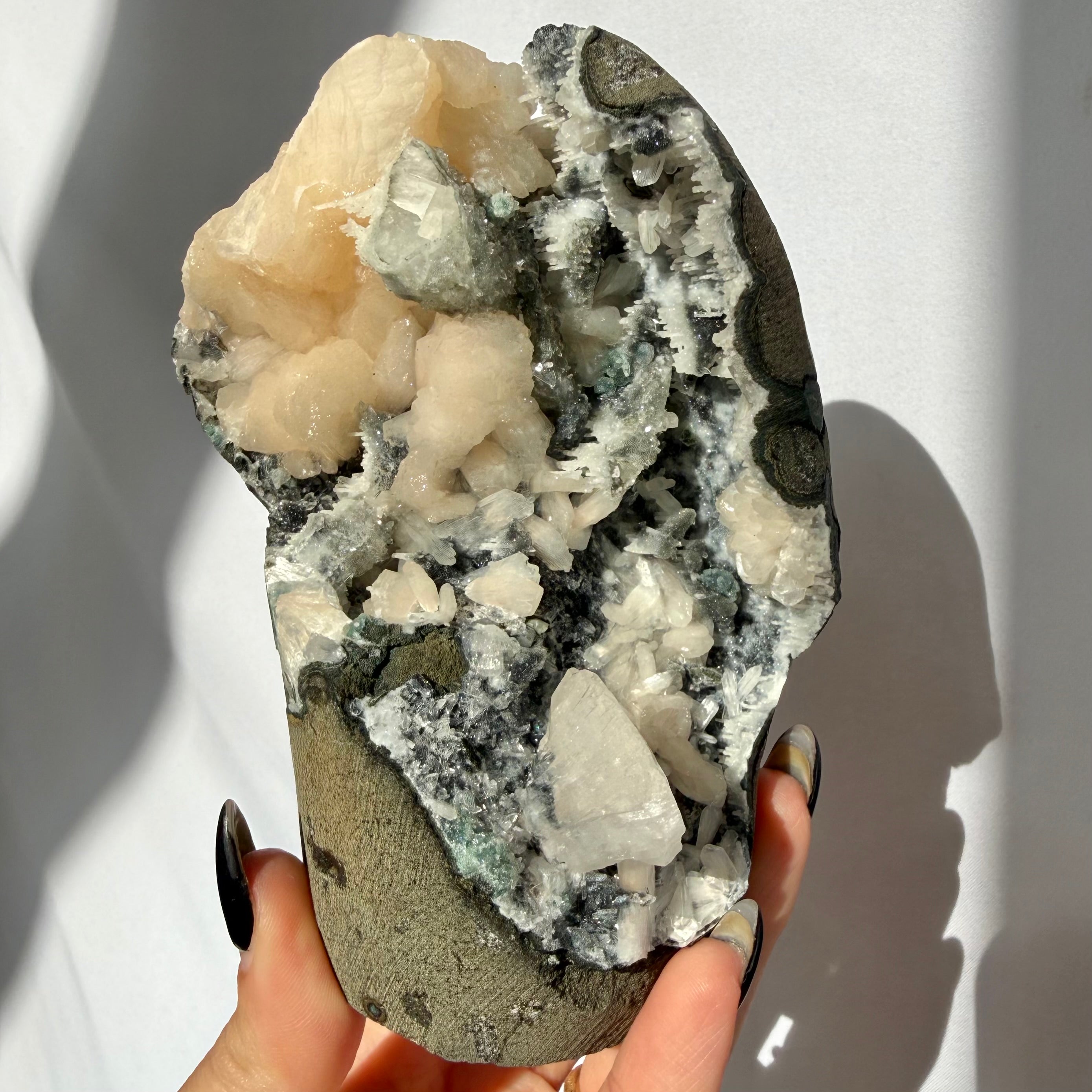 Stilbite & Heulandite On White Chalcedony Stalactite Freeform