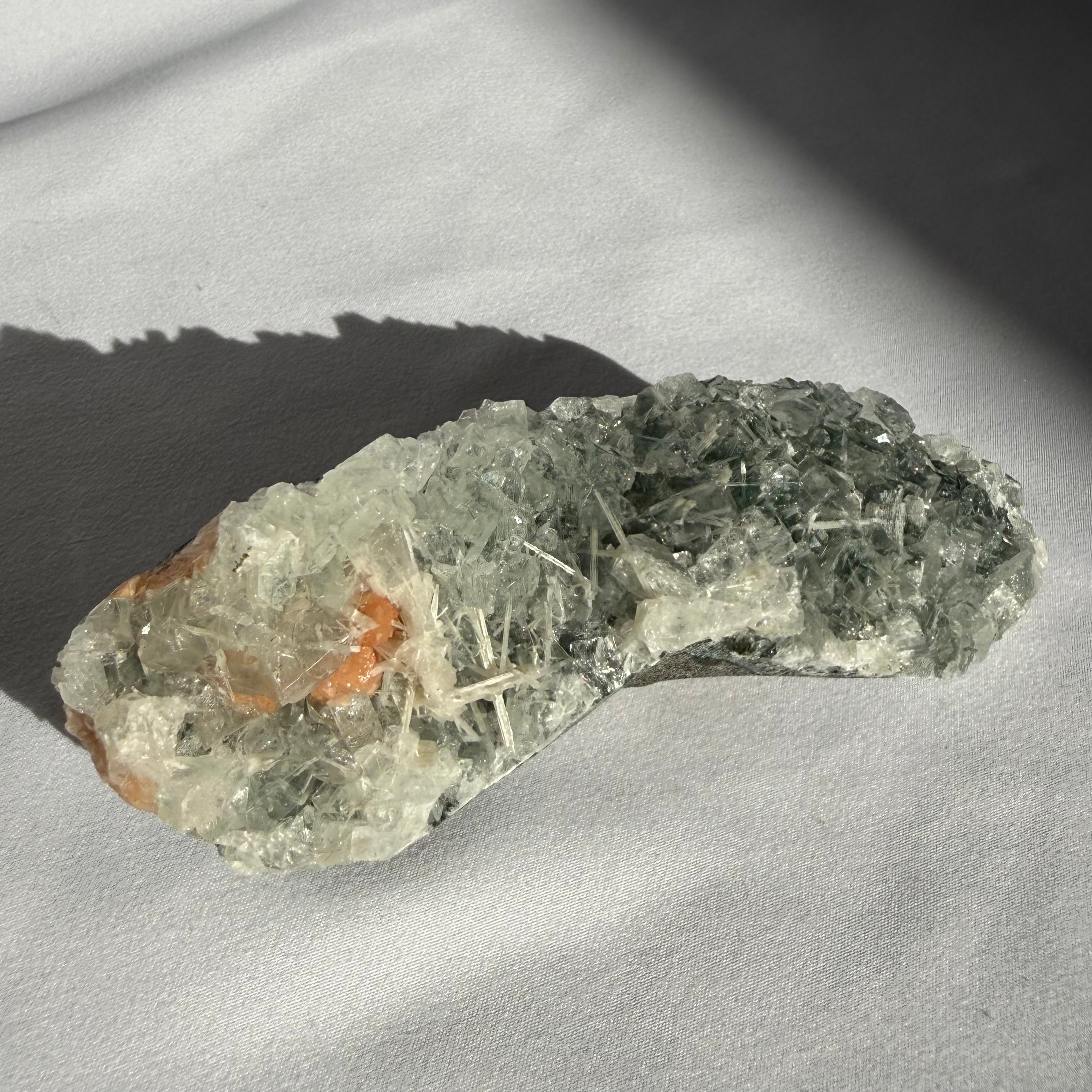 Scolecite & Stilbite On Stormy Apophyllite Cluster