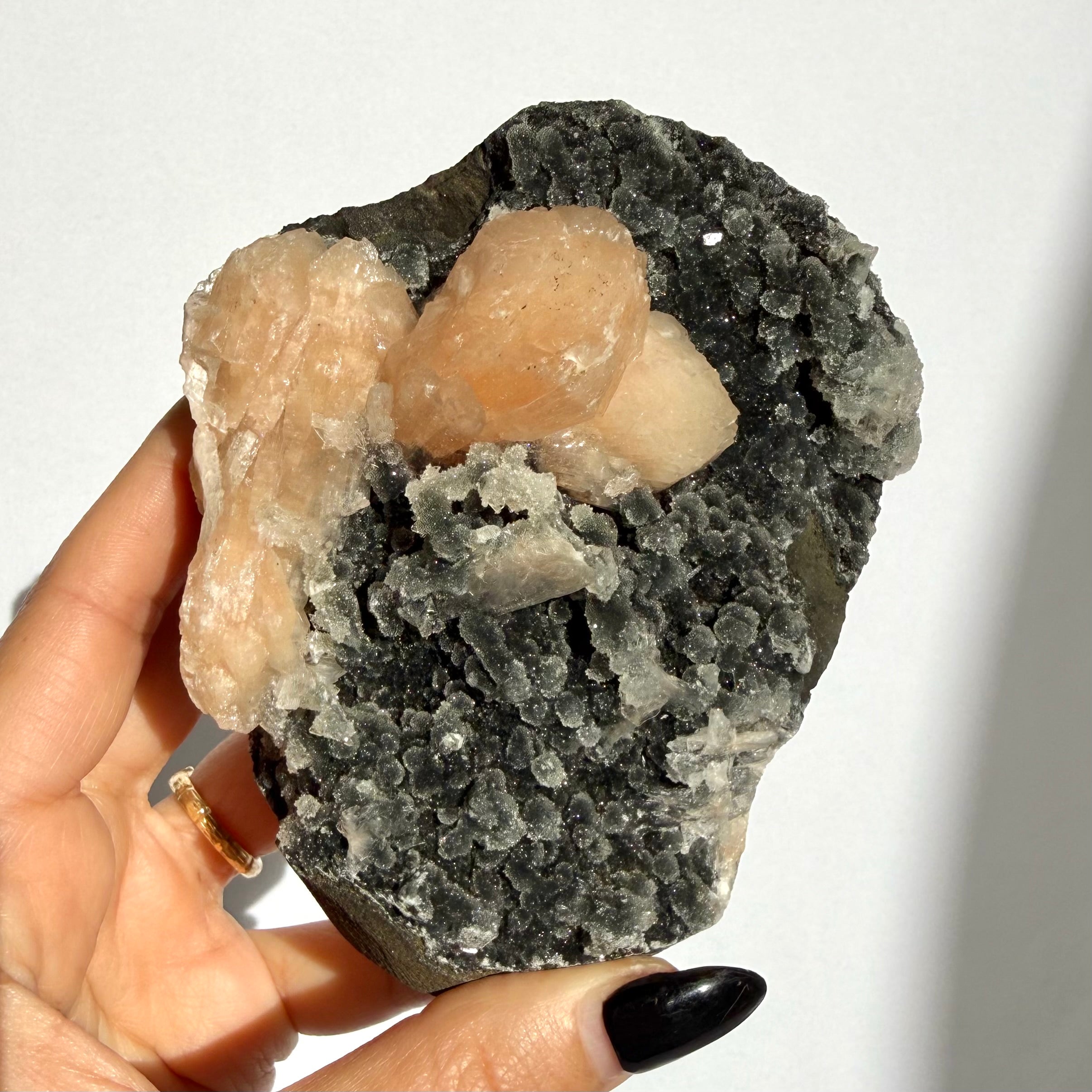 Stilbite On Black Stalactite Chalcedony Freeform