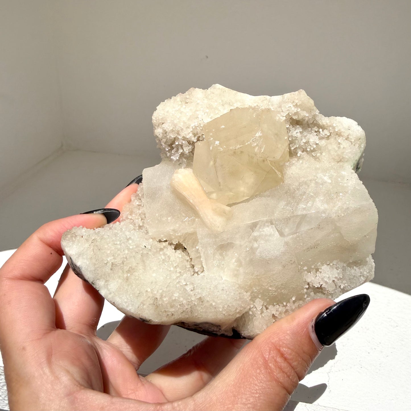 Calcite + Stilbite On White Chalcedony Cluster