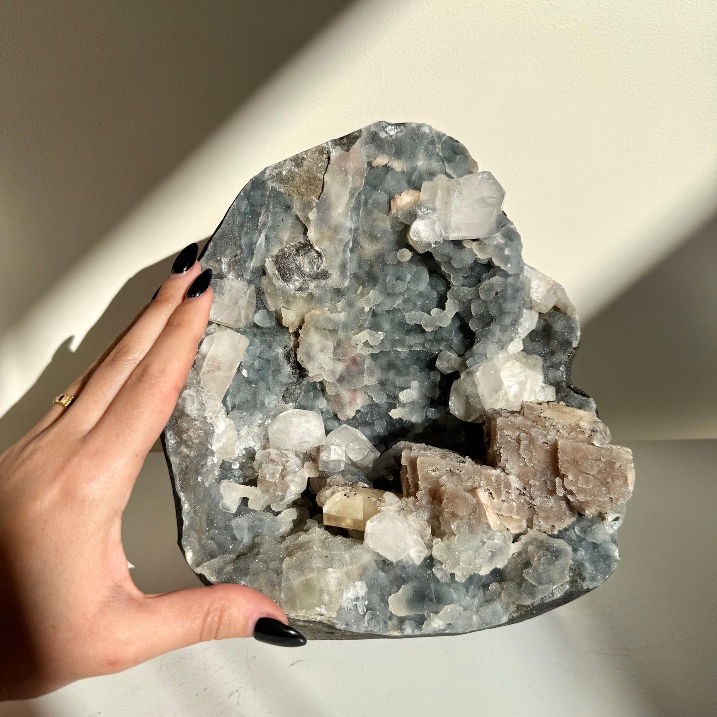 Calcite, Apophyllite, Heulandite On Chalcedony Freestanding Cluster