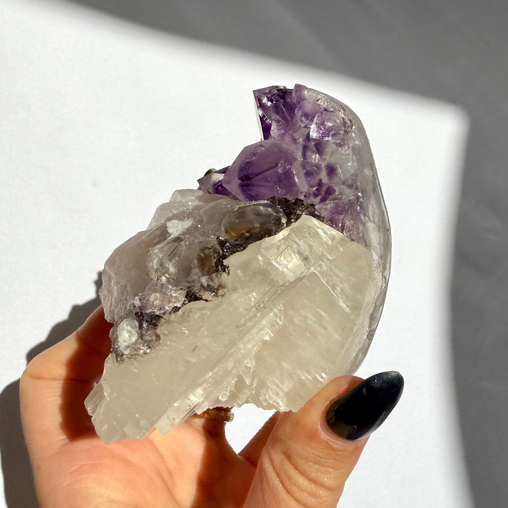 Sugar Druzy Calcite On Uruguayan Amethyst Freeform