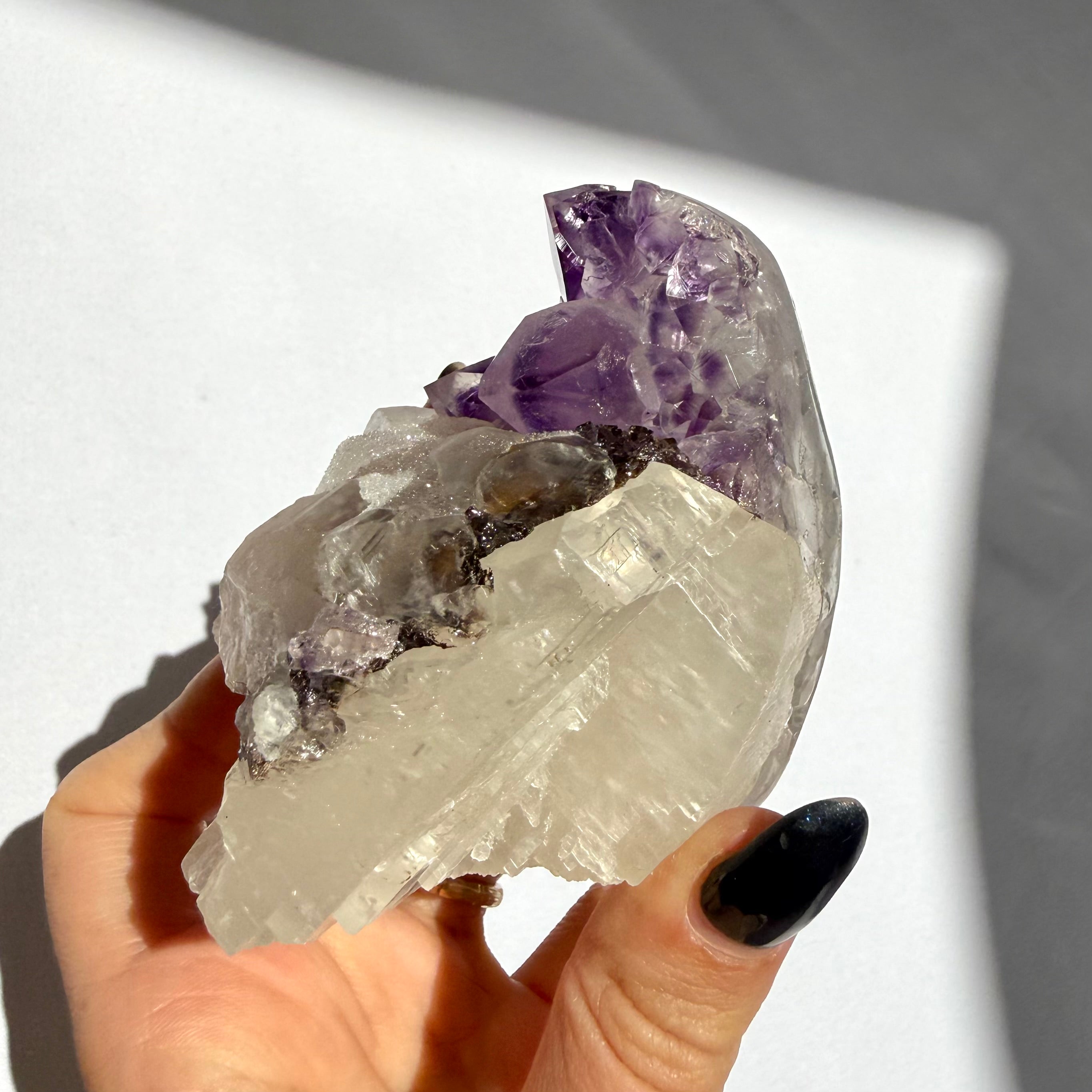 Sugar Druzy Calcite On Uruguayan Amethyst Freeform