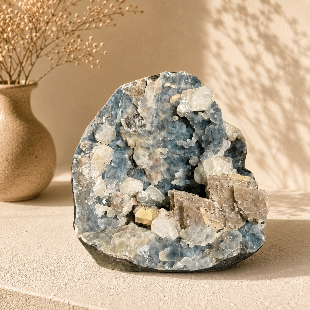 Calcite, Apophyllite, Heulandite On Chalcedony Freestanding Cluster