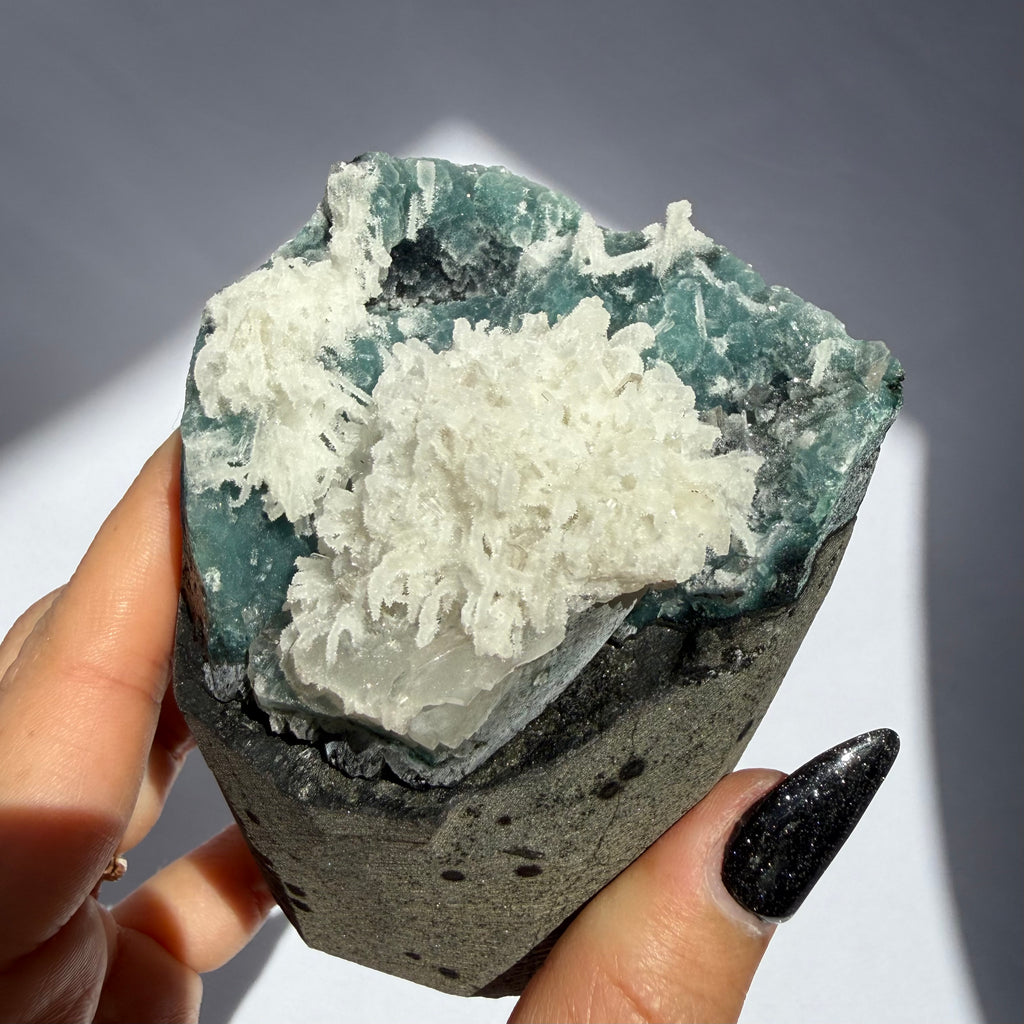 Calcite + White Chalcedony On Green Chalcedony Freeform