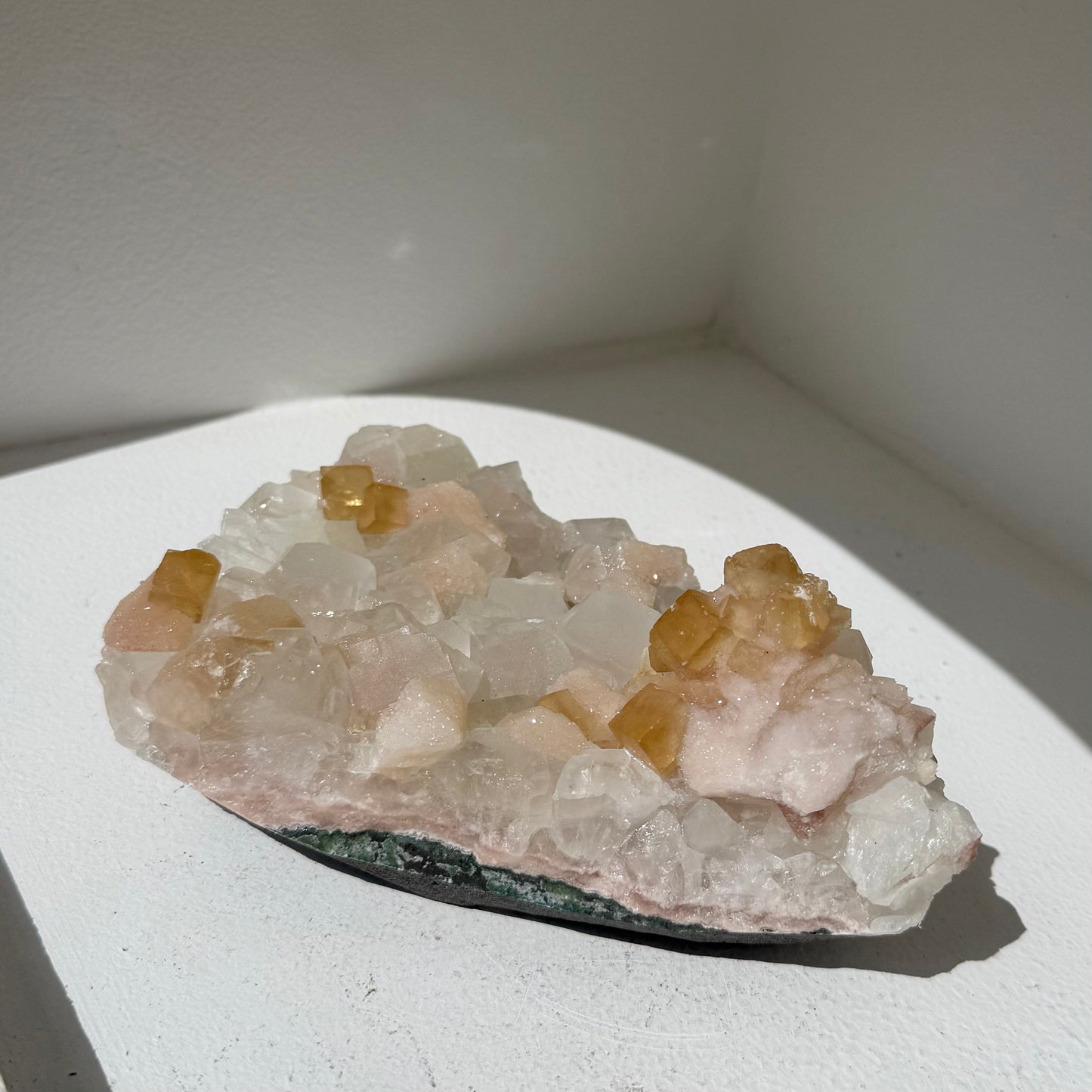 Calcite + Druzy Stilbite On Apophyllite Cluster