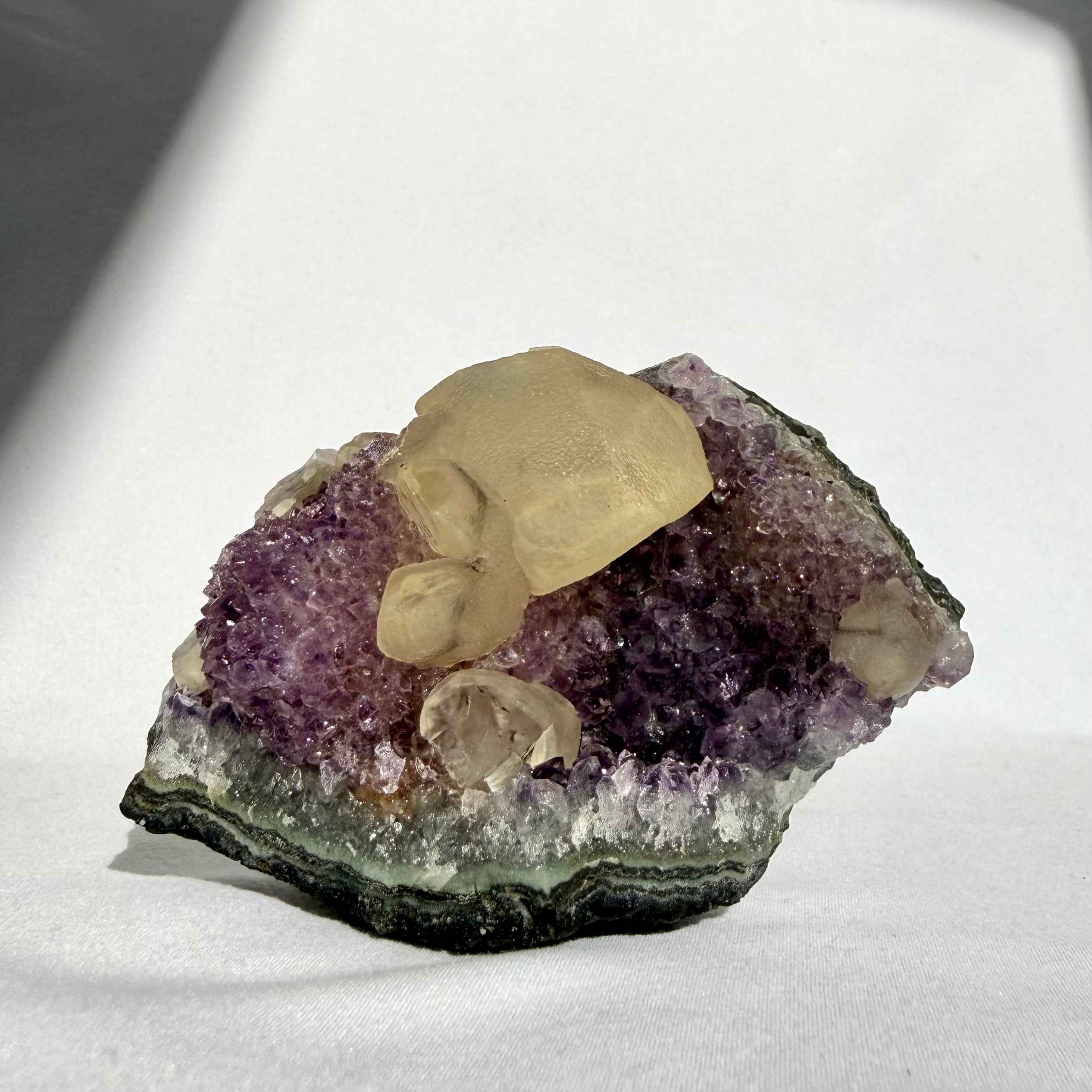 Calcite On Uruguayan Amethyst Cluster