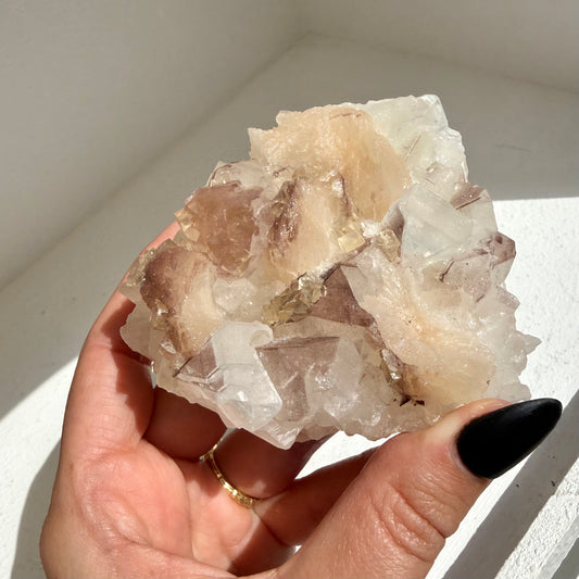 Calcite + Druzy Stilbite On Apophyllite Cluster
