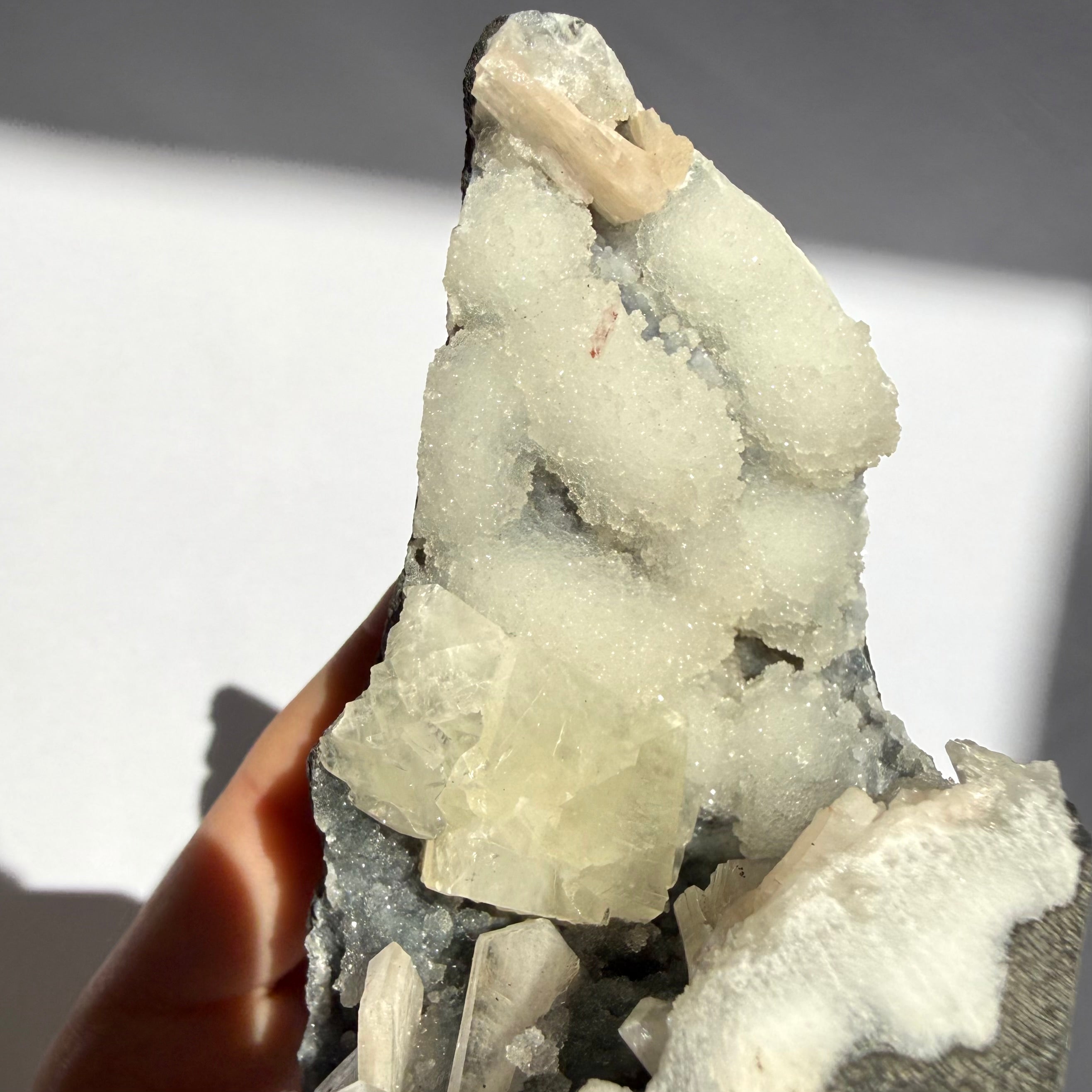 Prehnite, Calcite & Heulandite On Chalcedony Freeform