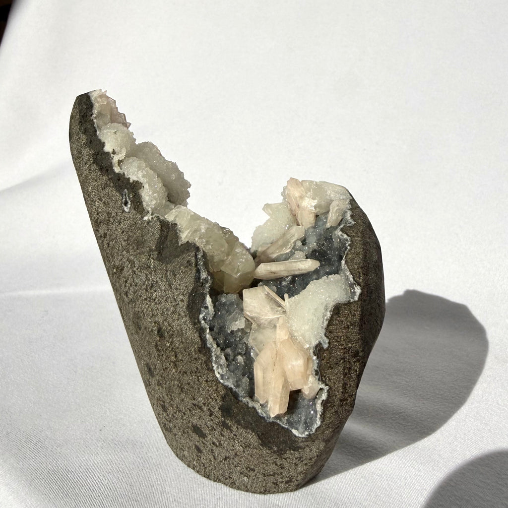 Prehnite, Calcite & Heulandite On Chalcedony Freeform