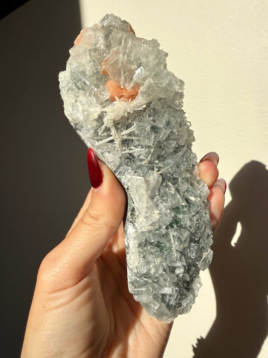 Scolecite & Stilbite On Stormy Apophyllite Cluster