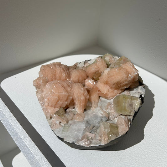 Stilbite On Green Apophyllite + Chalcedony Cluster