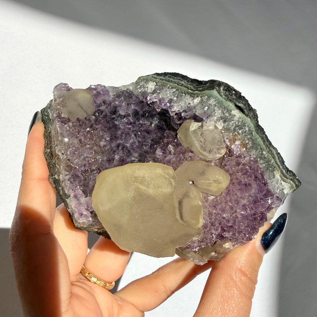 Calcite On Uruguayan Amethyst Cluster