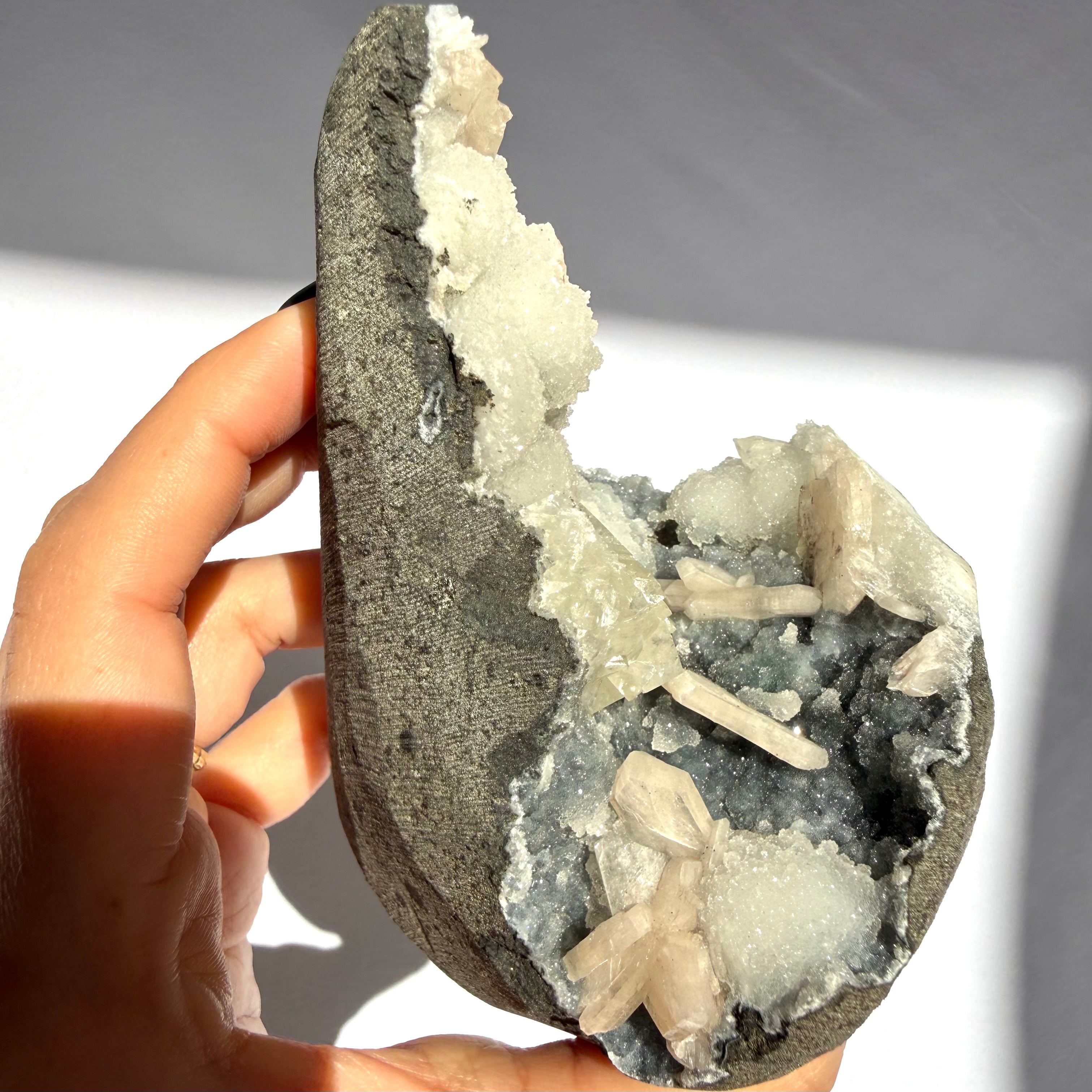Prehnite, Calcite & Heulandite On Chalcedony Freeform