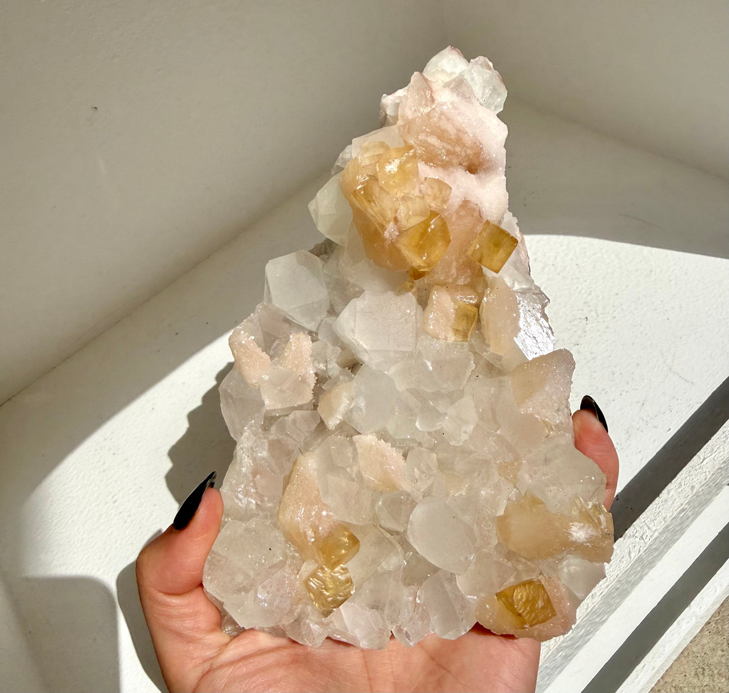 Calcite + Druzy Stilbite On Apophyllite Cluster