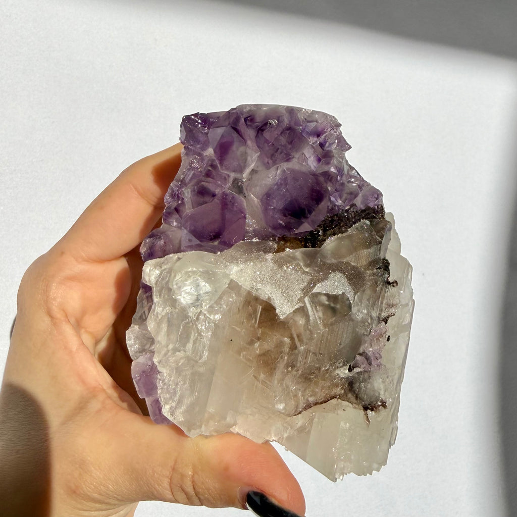 Sugar Druzy Calcite On Uruguayan Amethyst Freeform
