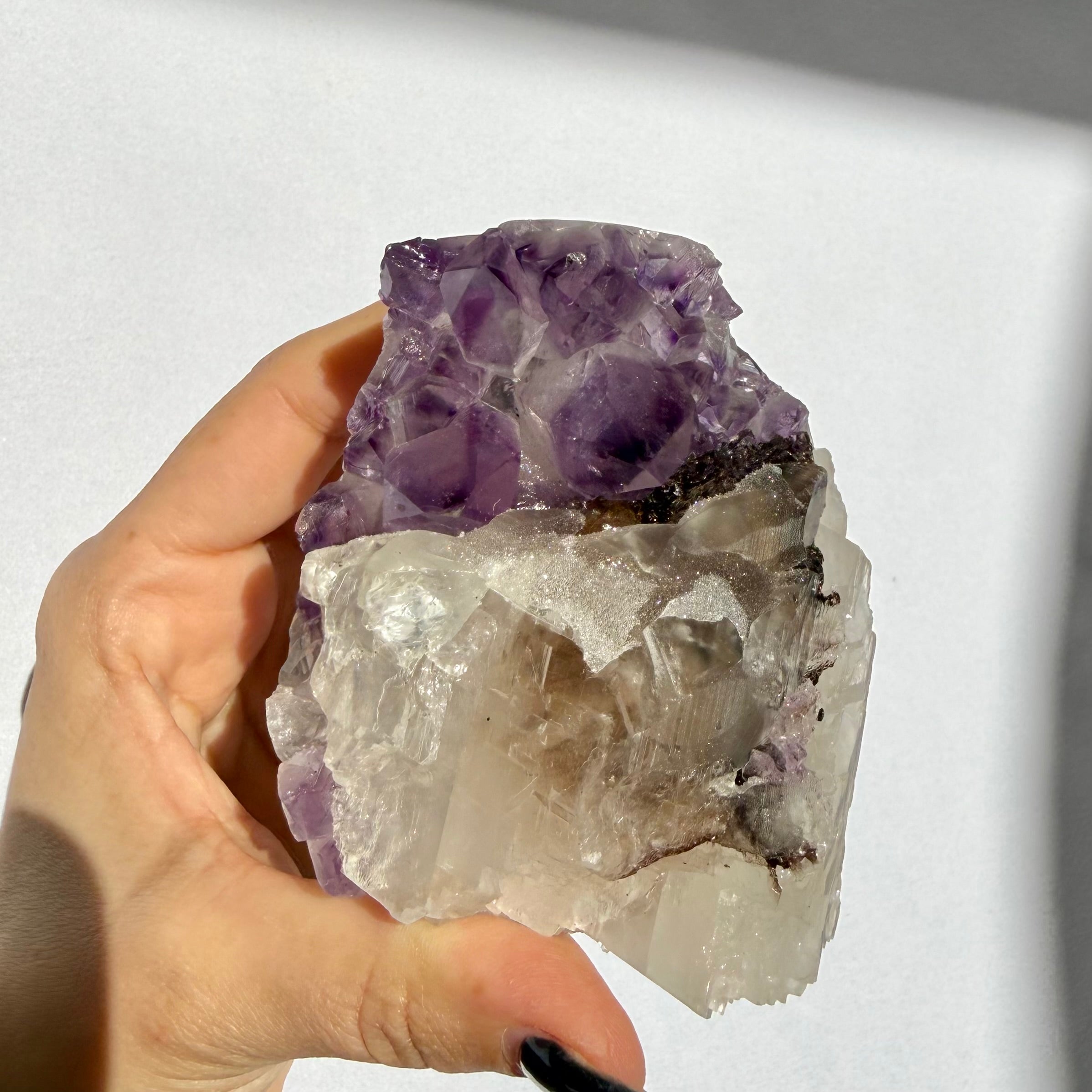 Sugar Druzy Calcite On Uruguayan Amethyst Freeform