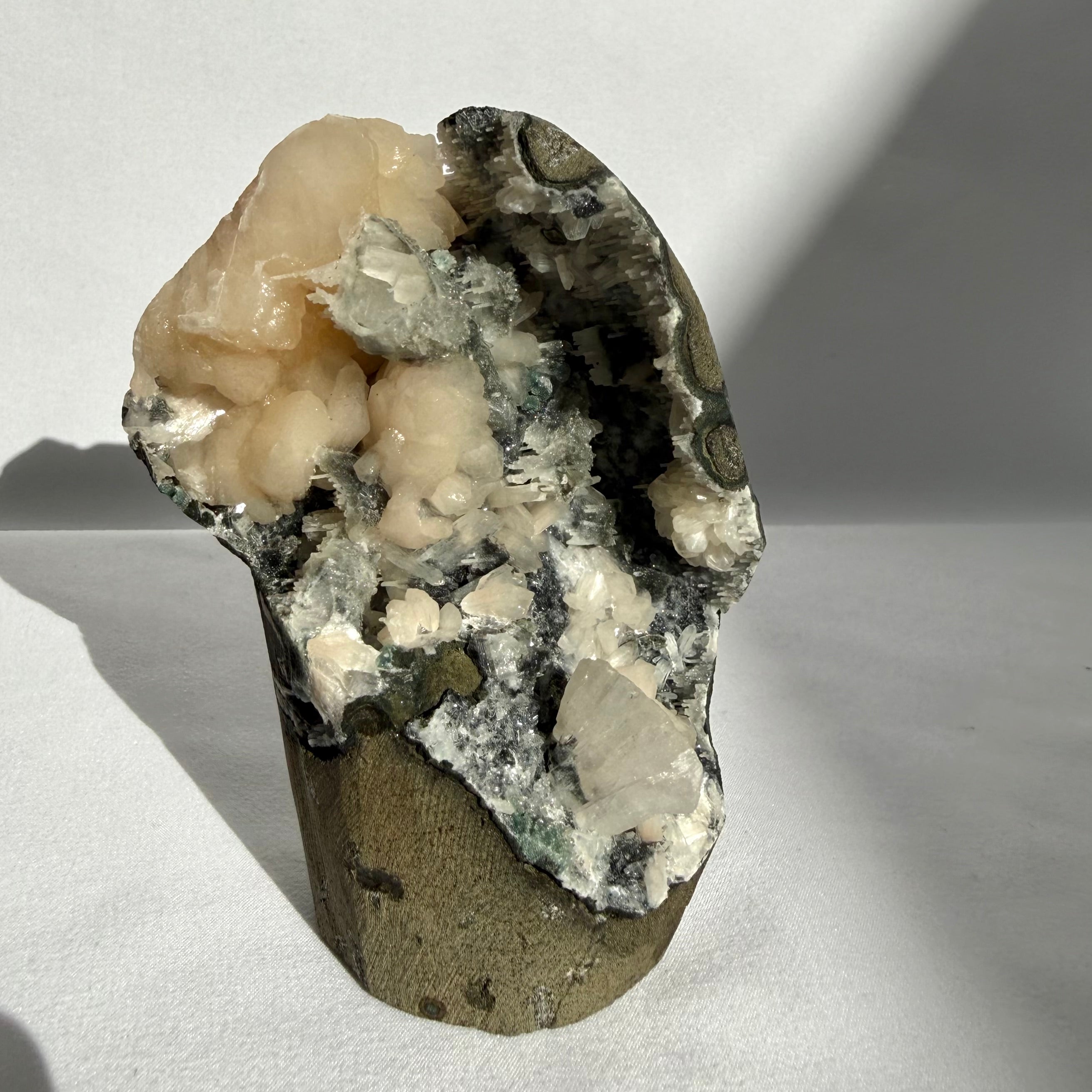 Stilbite & Heulandite On White Chalcedony Stalactite Freeform