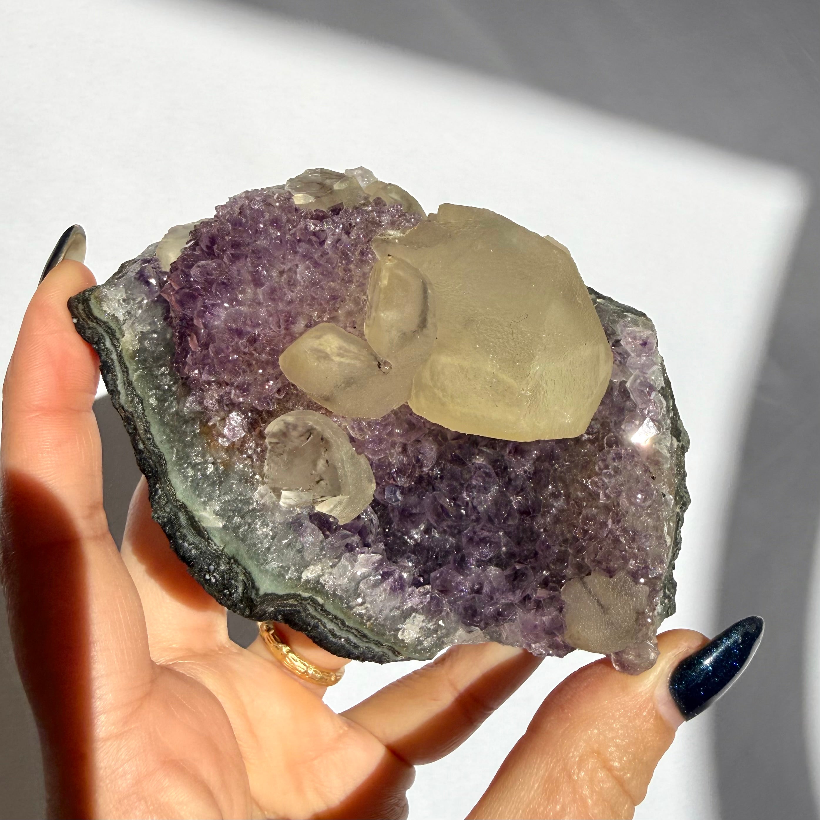 Calcite On Uruguayan Amethyst Cluster