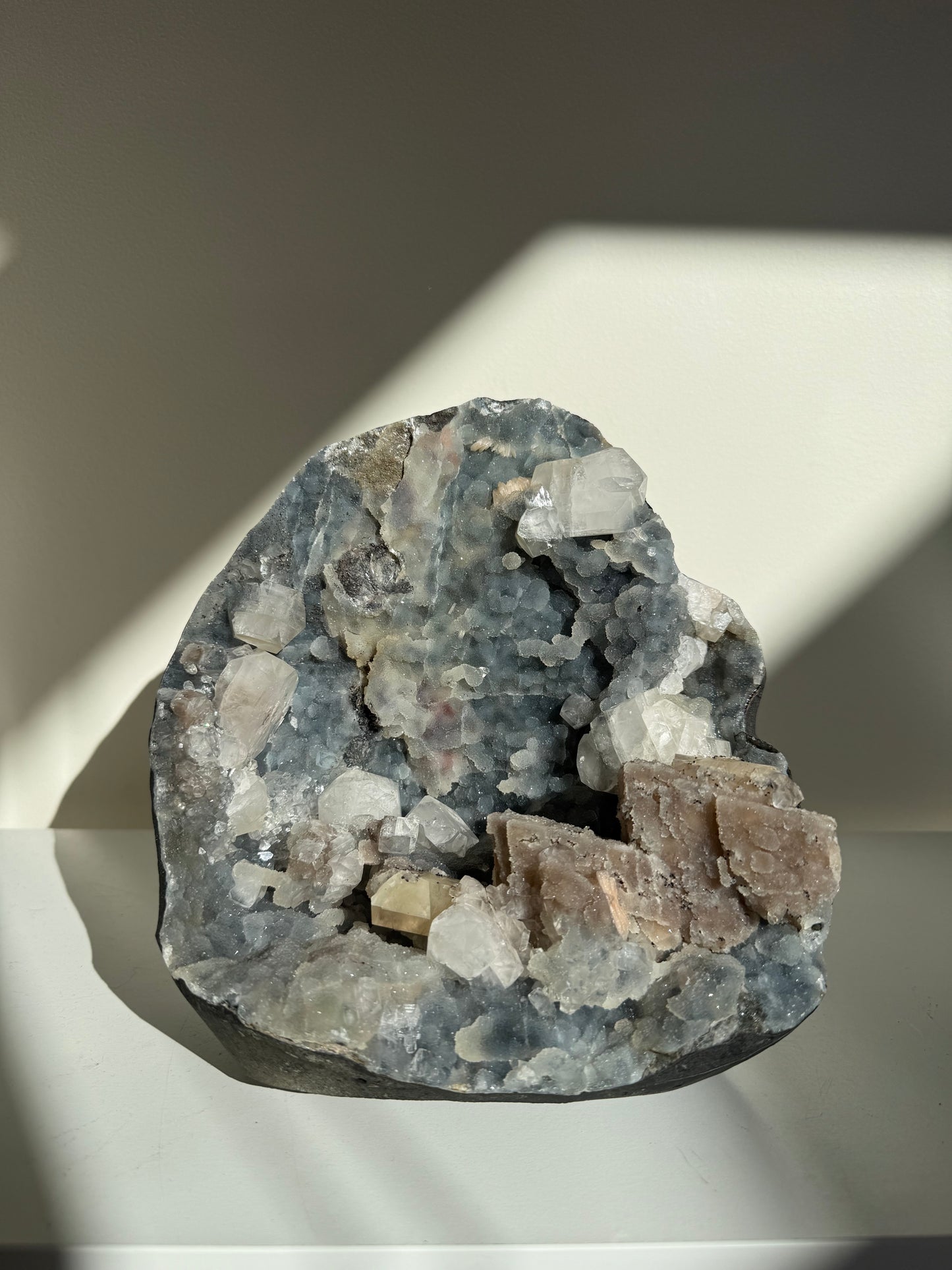 Calcite, Apophyllite, Heulandite On Chalcedony Freestanding Cluster
